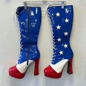 Red, white, and blue knee high platform boots size 10